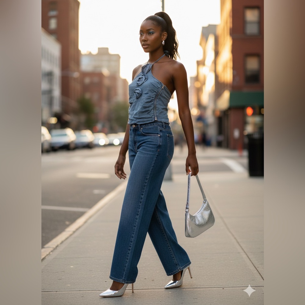 MUY MUY Denim Rosette Halter Top Y2K Blue Jean 3D Floral Small